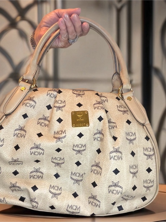 MCM Handbags - MCM Cream Visetos Dome Satchel with Gold Plaque
